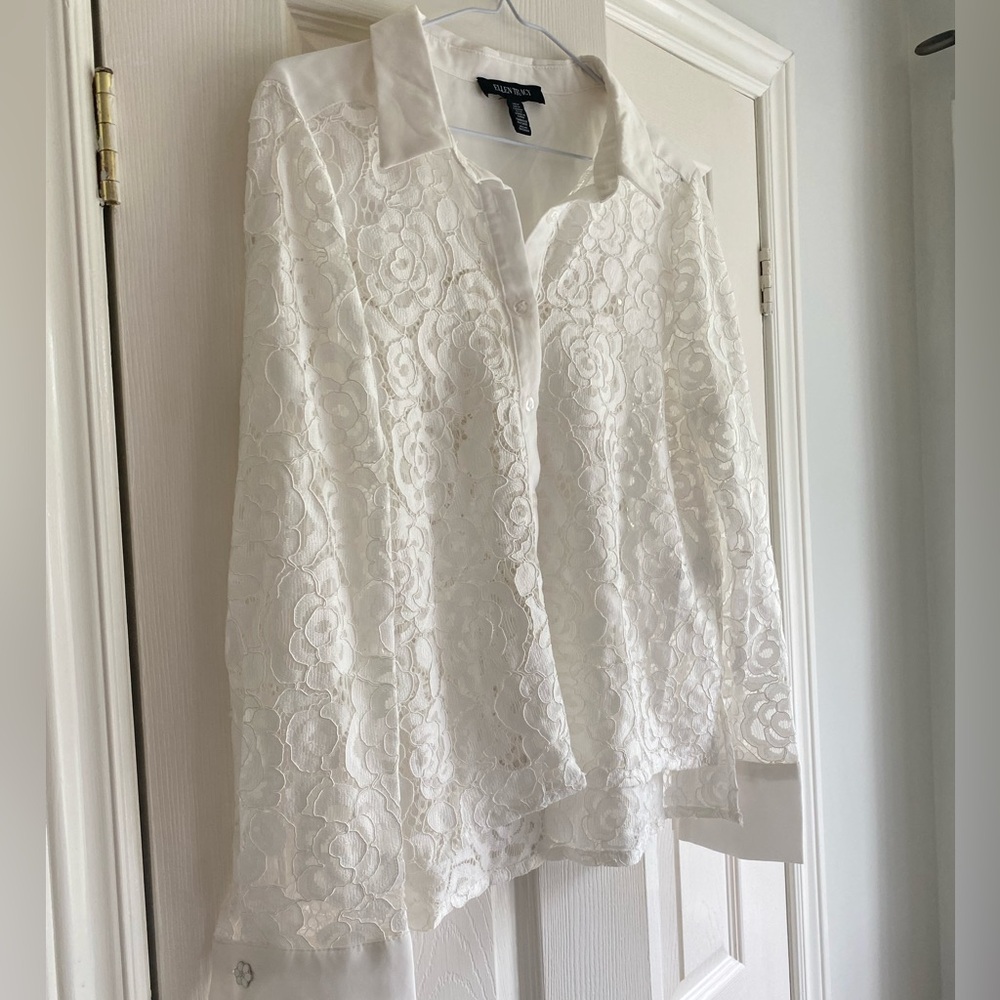 NWOT Ellen Tracy White Lace Button Down Shirt